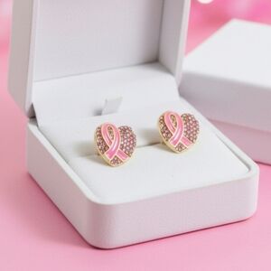 Breast Cancer Awareness Pink Heart Ribbon Earrings